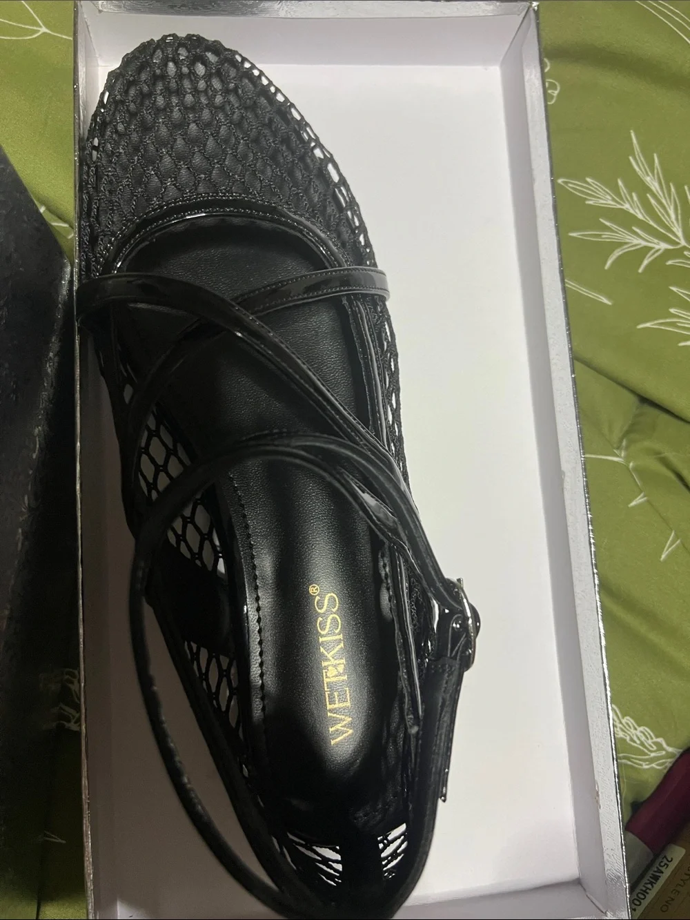 WetKiss Black Mesh Pointed Ballet Flats with Ankle Strap